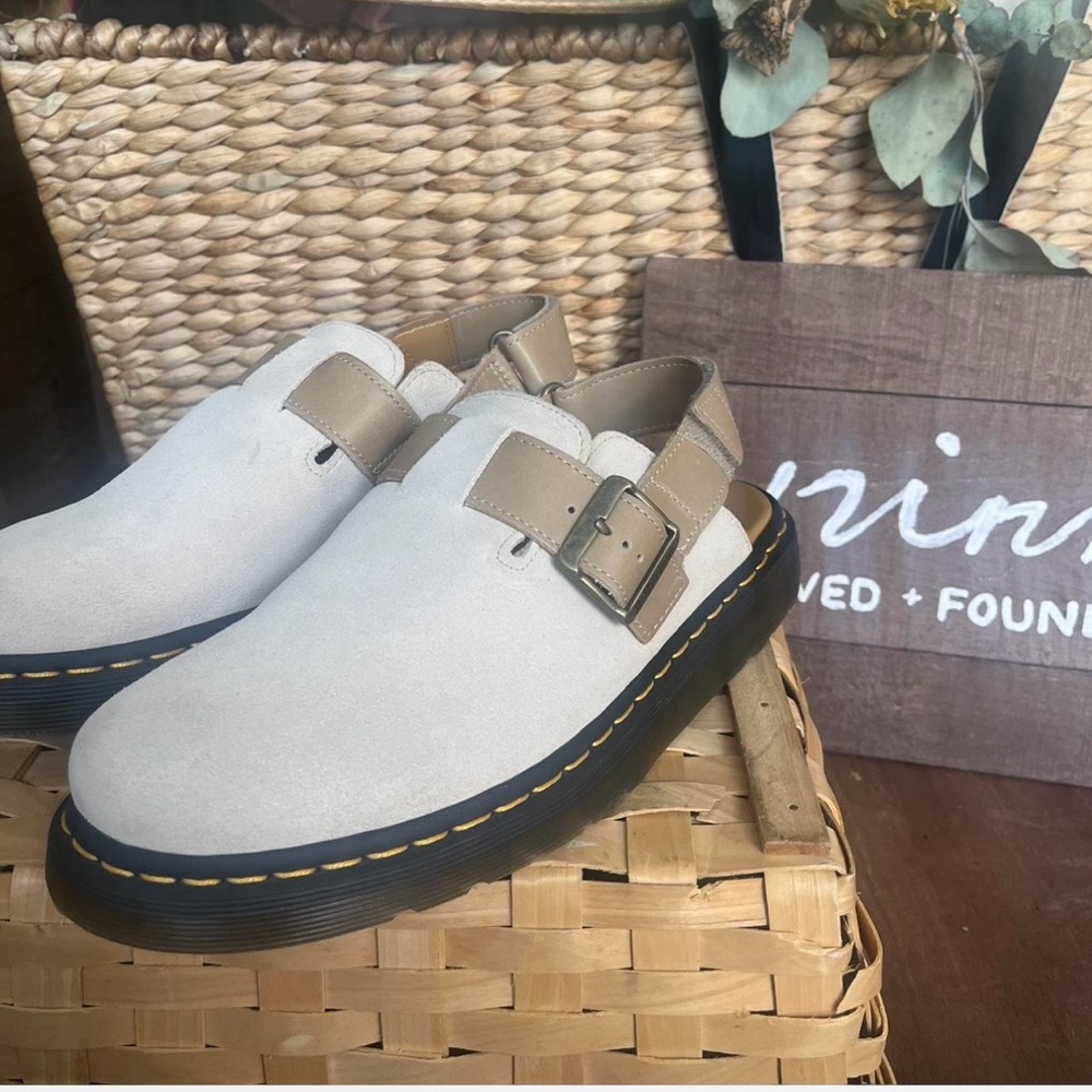 Dr Marten Clog/Mule White and Tan Buckle Shoes. Never worn